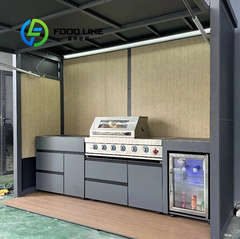 Multi Functional Outdoor Bbq Kitchen With Shed Combined Cooking Area And Storage Room For Backyard Use