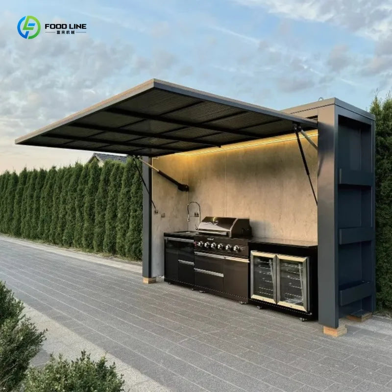 Customized luxury one-stop outdoor grill kitchen with refrigerator, sink, lockers and retractable doorway