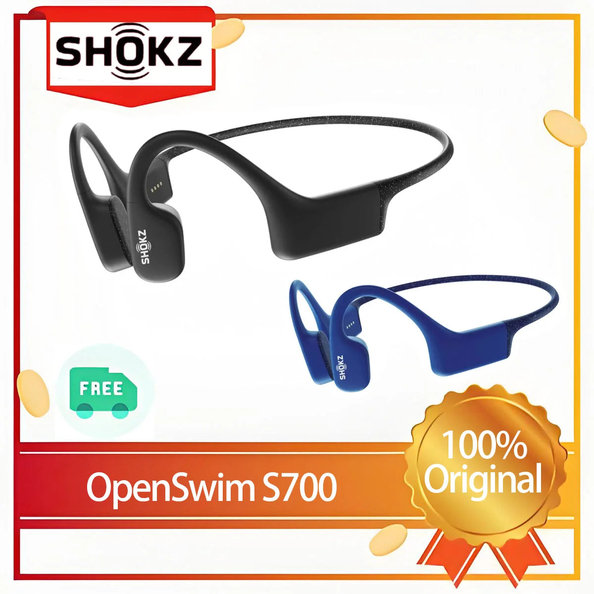 Shokz OpenSwim Shokz S700 Bone Conduction 4GB MP3 Music Player IP68 Waterproof Wireless Earphones for Swimming,Sports,Running