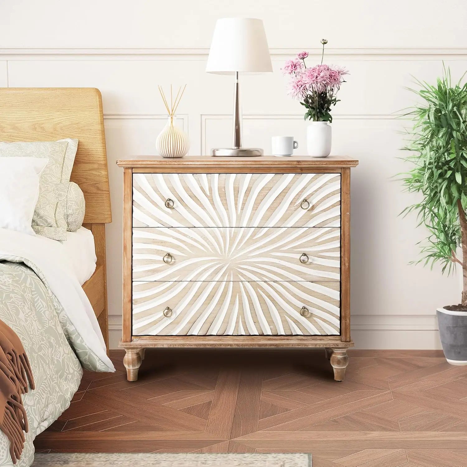 Royalcraft 3 Drawer Dresser with Pattern Carved Drawers, Vintage 3 Chest of Drawers for Bedroom, Wide Nightstand with Gourd Legs