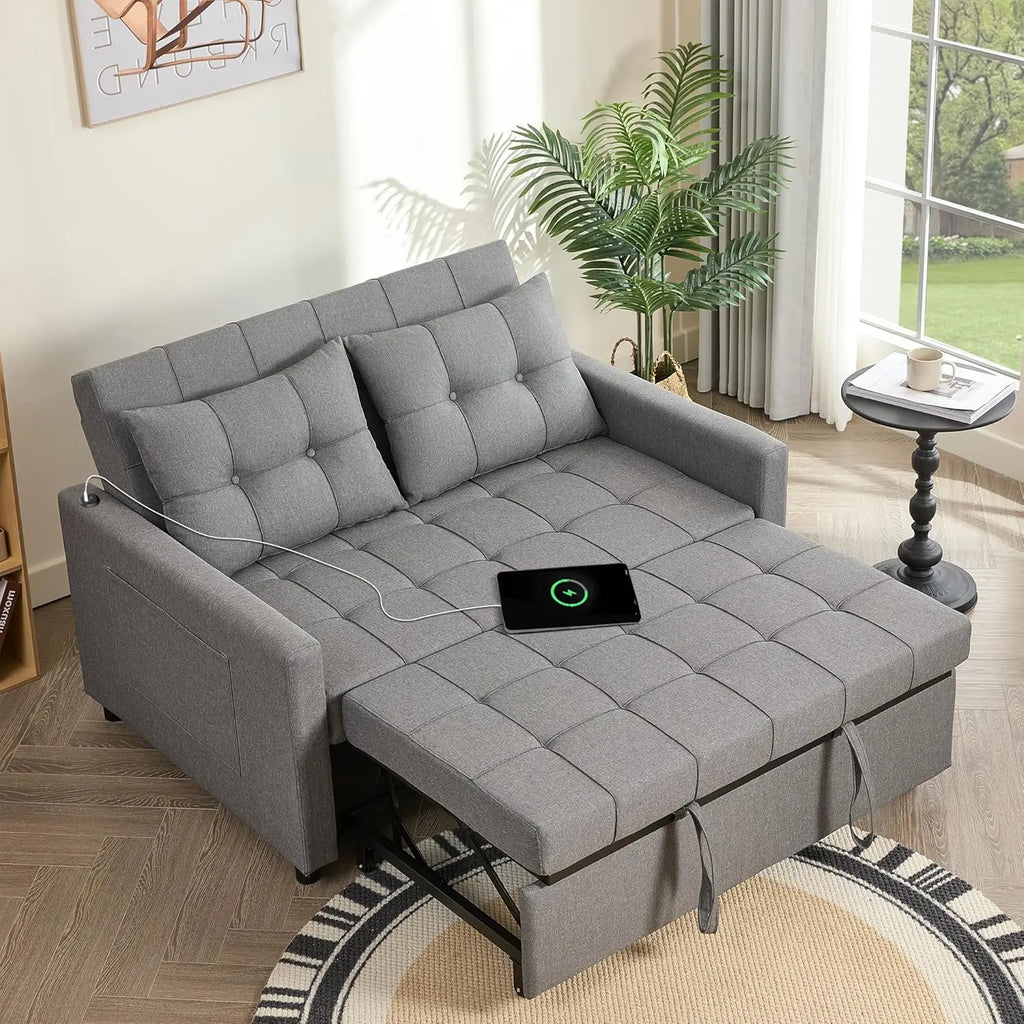52" Sleeper Sofa with Pull-Out Bed, 3-in-1 Convertible Sofa Bed, Loveseat with Stepless Adjustable Backrest and Side Pocket