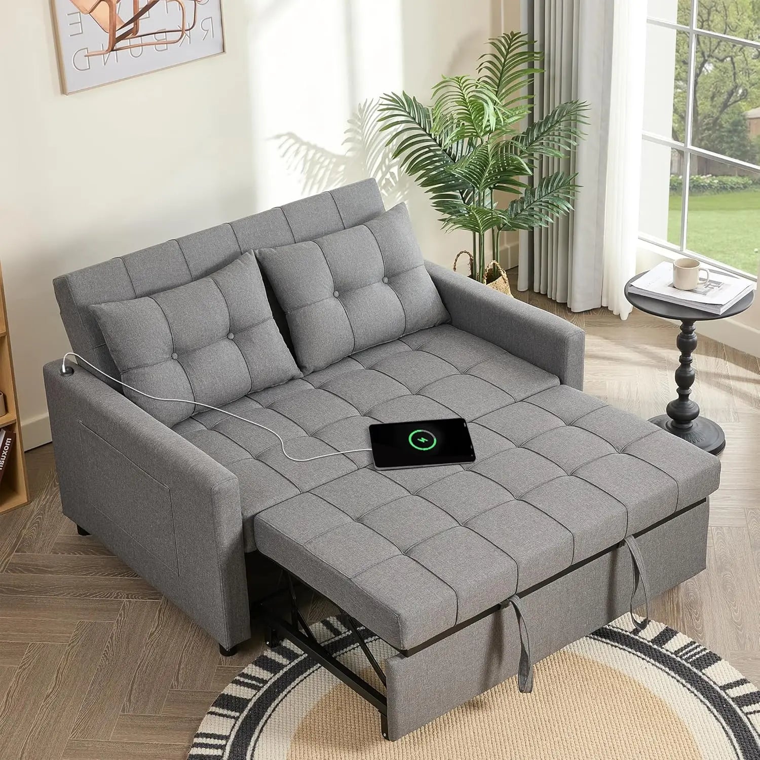 52" Sleeper Sofa with Pull-Out Bed, 3-in-1 Convertible Sofa Bed, Loveseat with Stepless Adjustable Backrest and Side Pocket