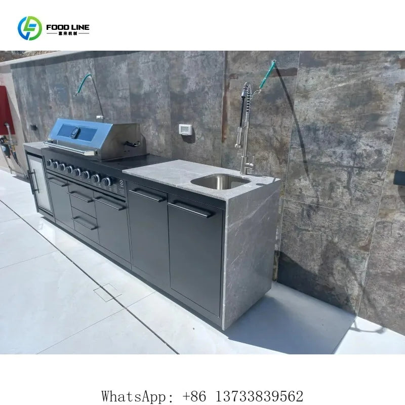 Customized Villa Outdoor Kitchen Factory Direct Stainless Steel 6 Burner Gas Grill Party BBQ Powder Coated Sink Refrigerator