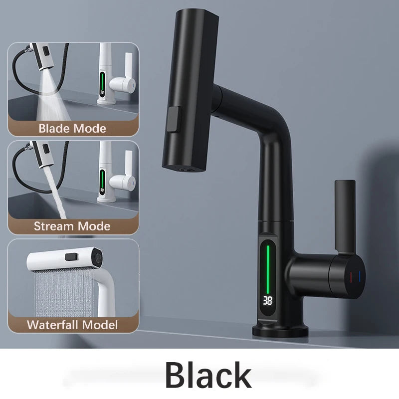 Gun Grey Intelligent Digital Display Waterfall Pull Out Kitchen Faucet Cold Hot Mixer Taps Rotatable Sink Lifting Basin Faucet
