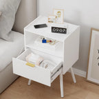 White Nightstand,Modern Bedside Table with Storage Drawer and Open Wood Shelf, for Living Room, Bedroom and Small Spaces
