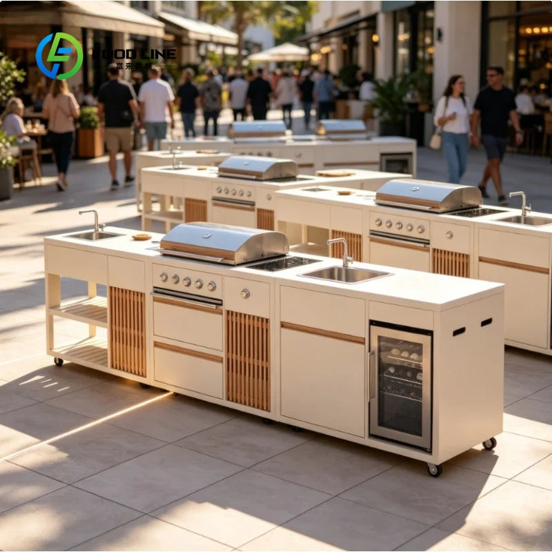 Customized Commercial Stainless Steel Outdoor Kitchen BBQ Island with Pizza Oven Fridge BBQ Grill for Garden Patio Backyard
