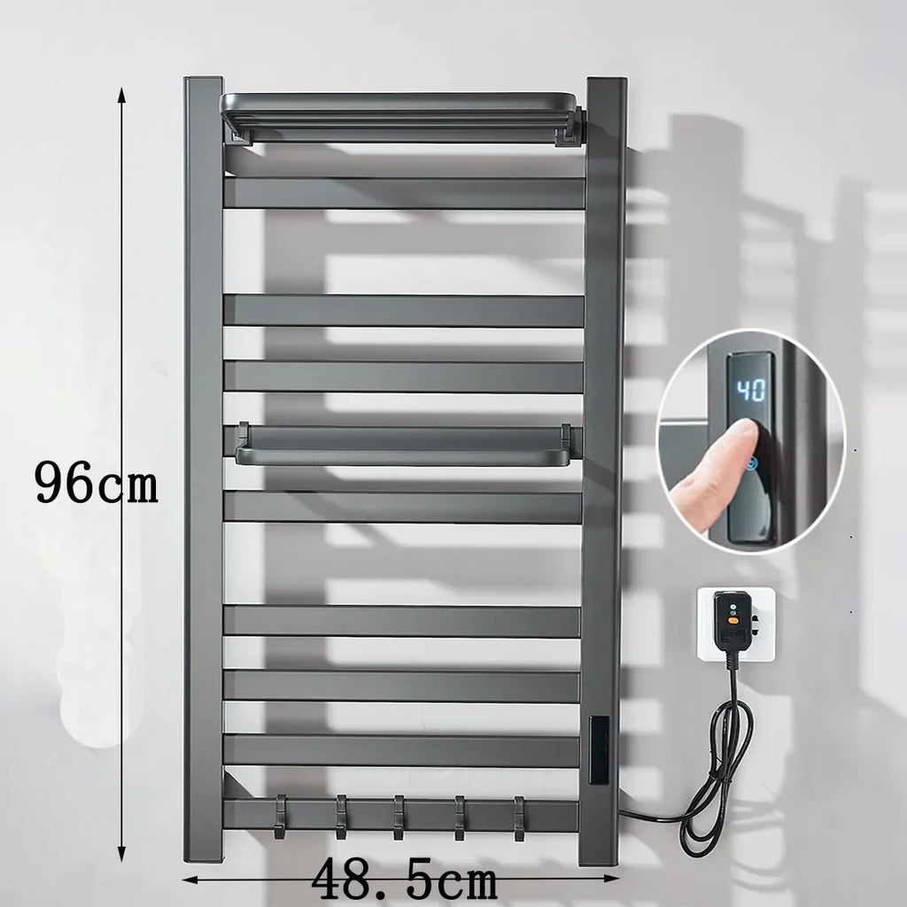 Black Bathroom Electric Heated Towel Rack with Digital Display Touch Thermostatic Dry Towel 304 Stainless Steel Heater