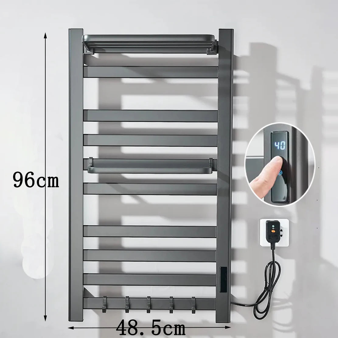 Matte Black Bathroom Electric Heated Towel Rack with Digital Display Touch Thermostatic Dry Towel 304 Stainless Steel Heater