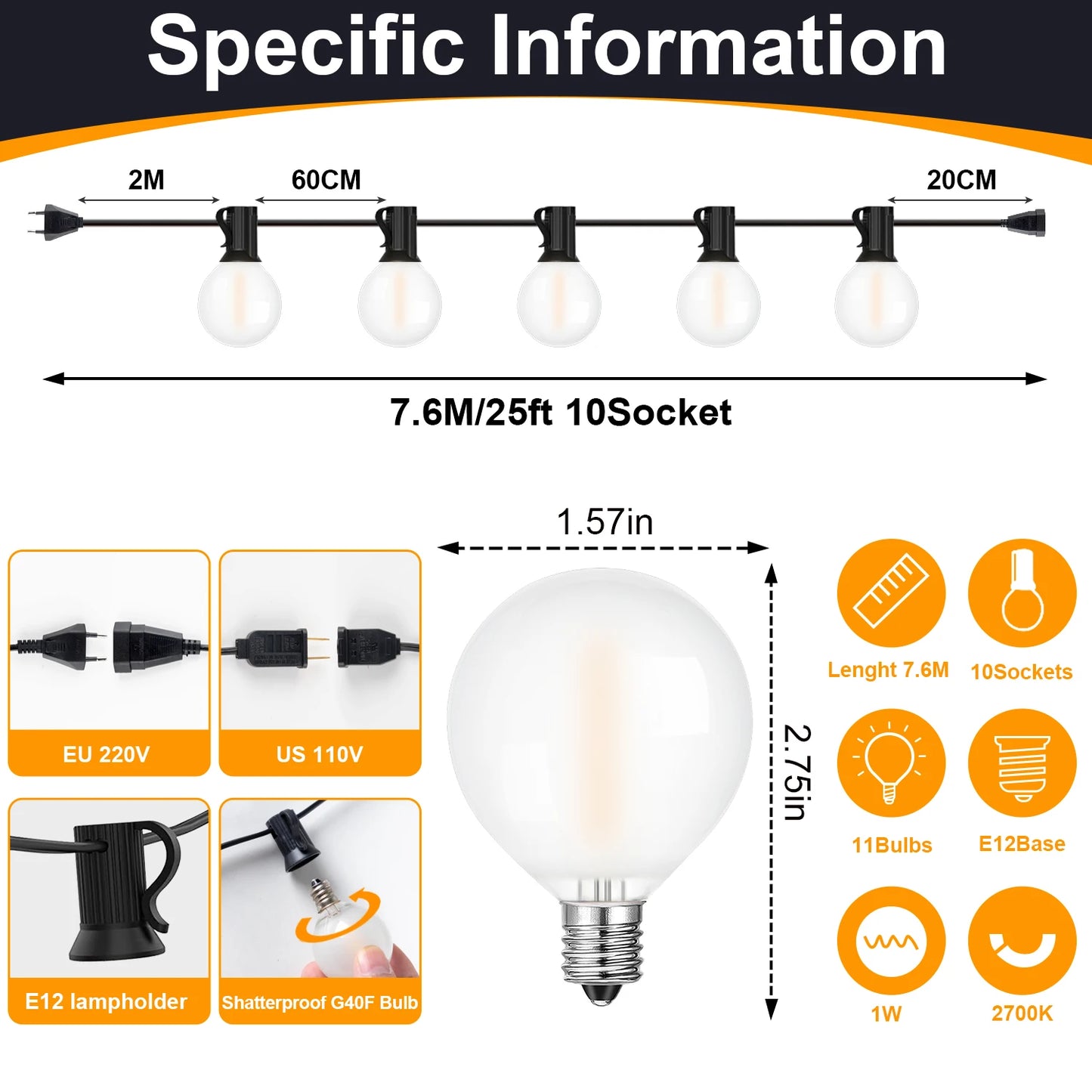 Vintage G40 Frosted Globe String Lights E12 220V EU Warm White 110V US Waterproof Retro Wedding Garden Light New Year's Garland