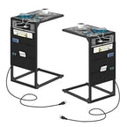 Brown C-Shaped End Table w/Charging+Storage, 2PC Metal Frame Set for Living/Bedroom, Space-Saving Multi-Use