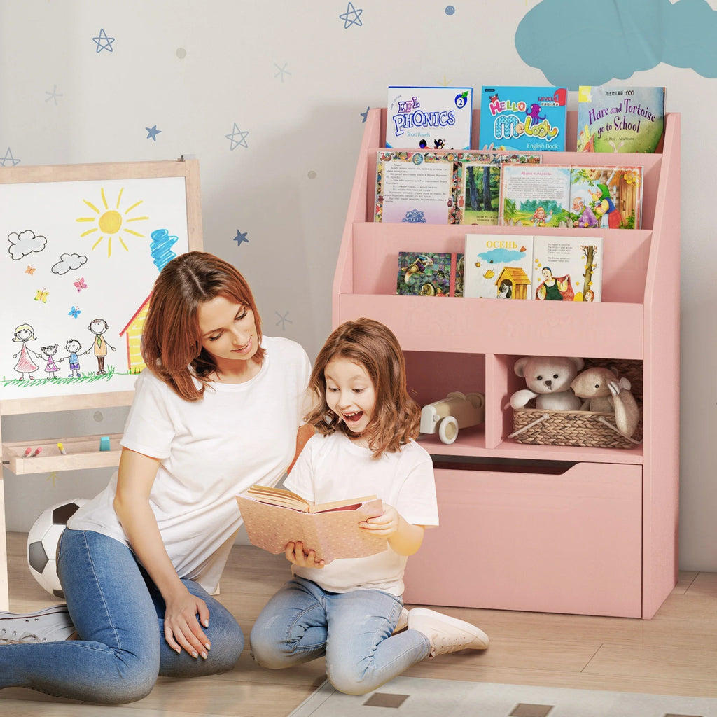 Homcom Children's Bookshelf with 3 Compartments 2 Cubes Drawer and Wheels