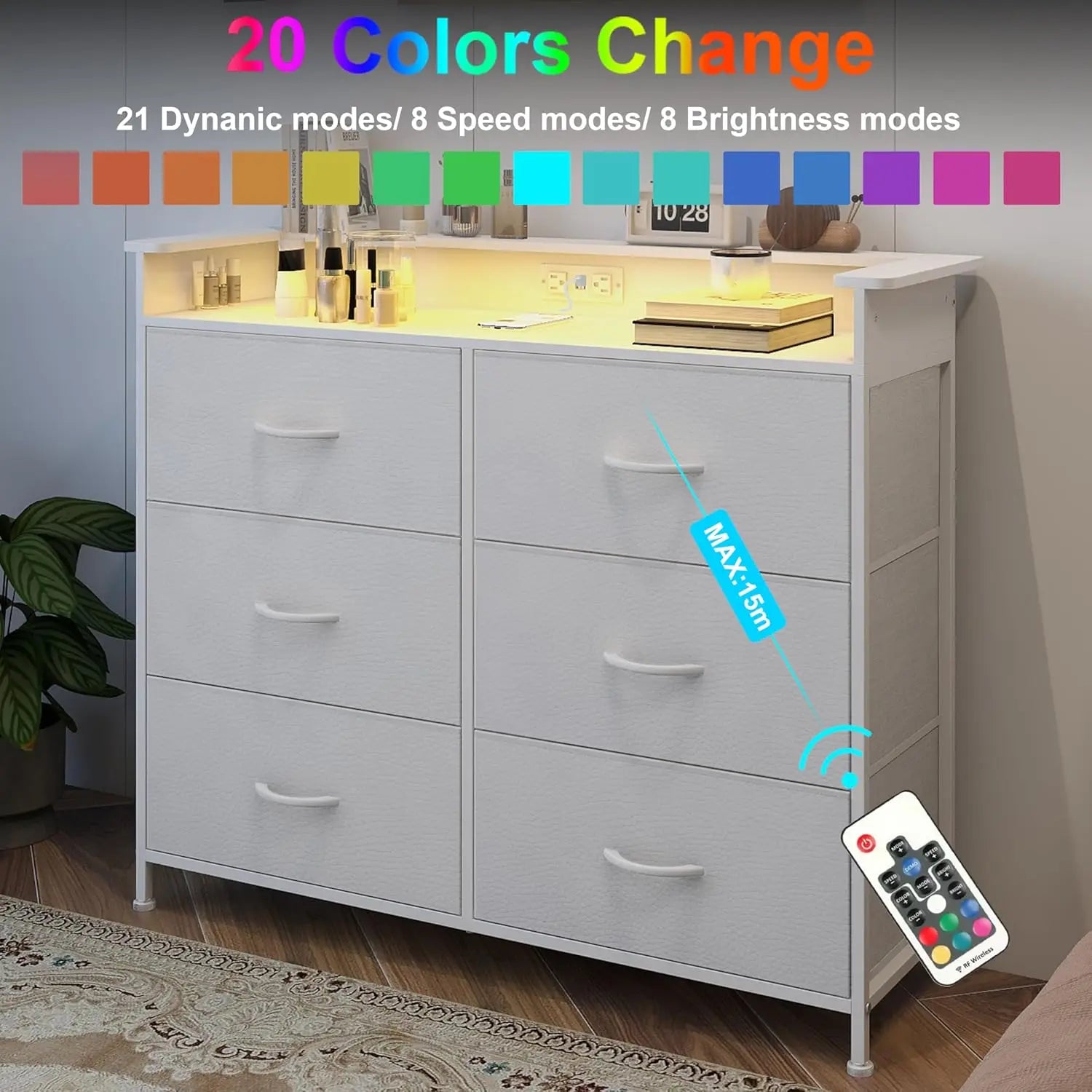 White Dresser For Bedroom With Charing Station And Led Light 6 Drawer Dresser With Pu Finish Fabric Chest Of Drawers For Closet