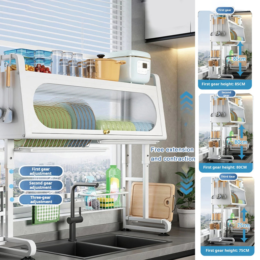 Sink storage rack with cabinet door flip cover, kitchen dish drain rack, storage rack, adjustable dustproof bowl tray