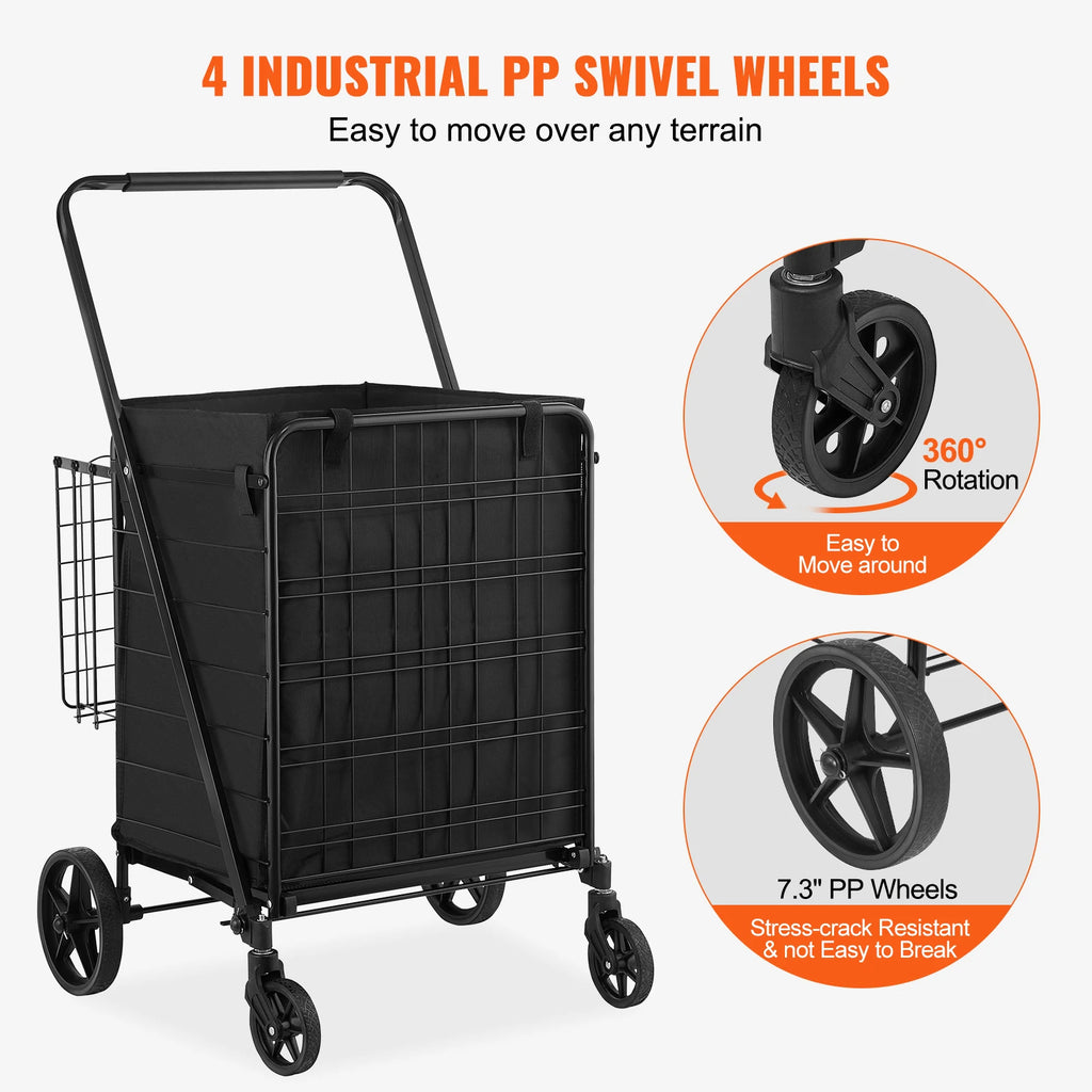 VEVOR Folding Shopping Cart with Removable Waterproof Liner 106/330LBS Large Capacity 360° Swivel Wheels Dense Metal Mesh Base