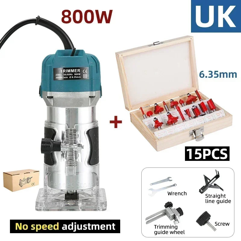 Electric Trimmer Router Woodworking Milling Engraving Slotting Trimming Machine Wood Trimmer Router Tool with 15 PCS Router Bits