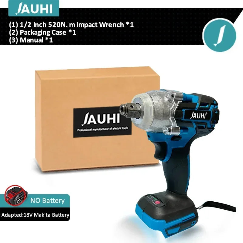 JAUHI 520N.M Brushless Electric Impact Wrench Cordless Electric Wrench 1/2 Inch Screwdriver Power Tools For Makita 18V Battery