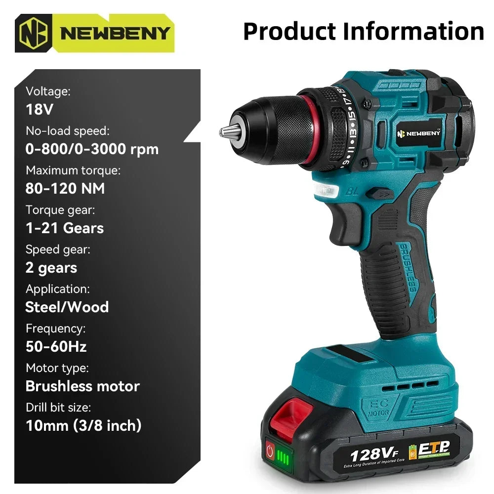 NEWBENY 10mm Brushless Electric Drill 21+2 Torque Multifunctional Cordless Electric Screwdriver For Makita 18V Battery Pin