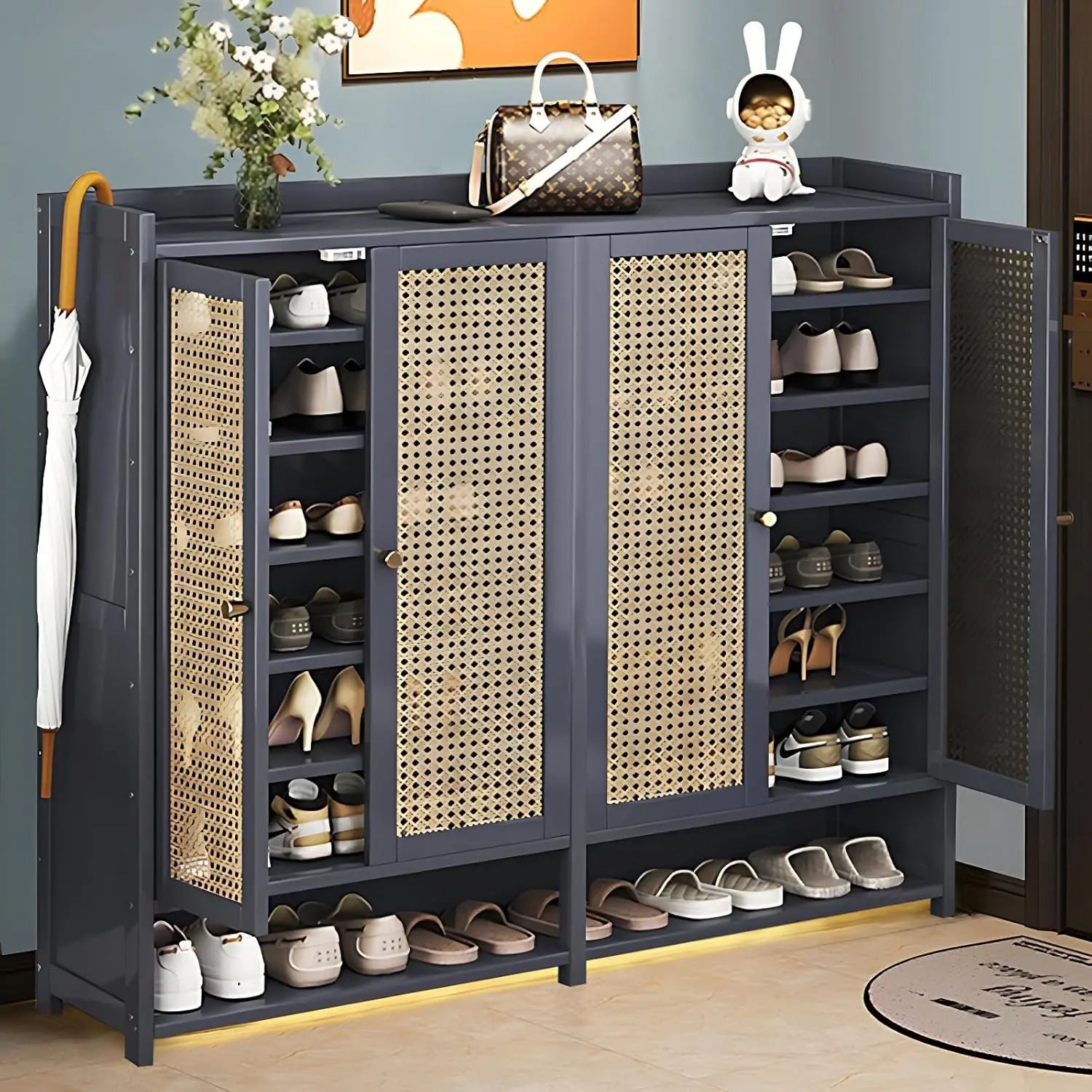 8 Tier Bamboo Shoe Storage Cabinet with Doors, 38-42 Pairs Shoe Rack for Closet, Rattan Storage Cabinet with Doors for Hallway L