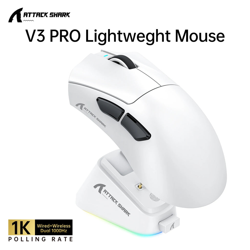 ATTACK SHARK V3PRO Ultra-Light Gaming Mouse with Charging Dock 2.4G Wireless Bluetooth Wired 1000Hz Polling Rate 25000 DPI