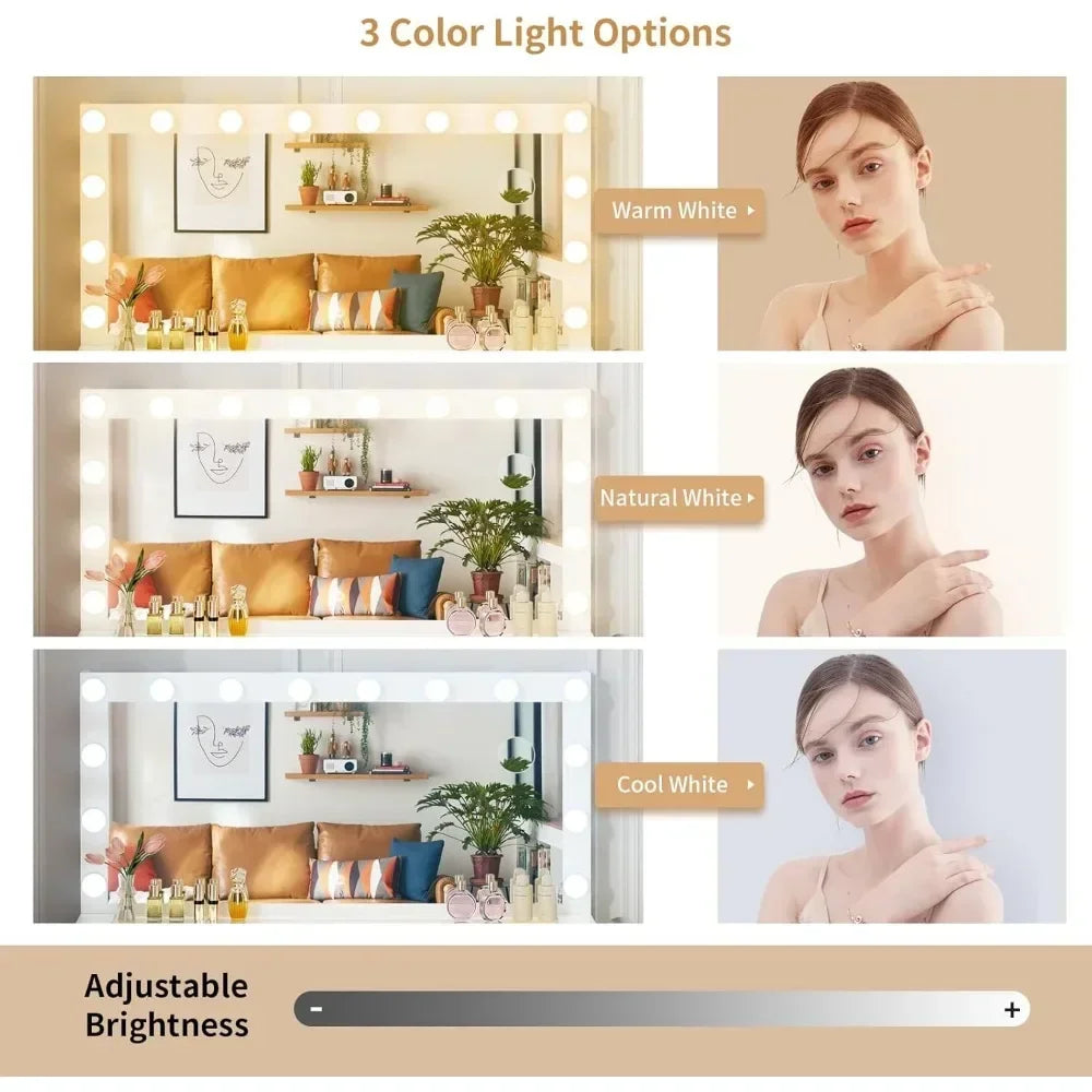 Dressing Table with Illuminated Mirror, with Glass Top and 11 Drawers, 3 Color Lighting Modes, Dresser with Upholstered Stool