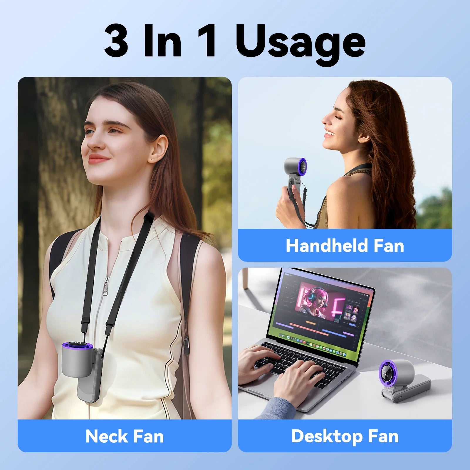 MUXNW Portable Handheld Mini Fan: 3 IN 1, 100 Speed Turbo, Foldable, L