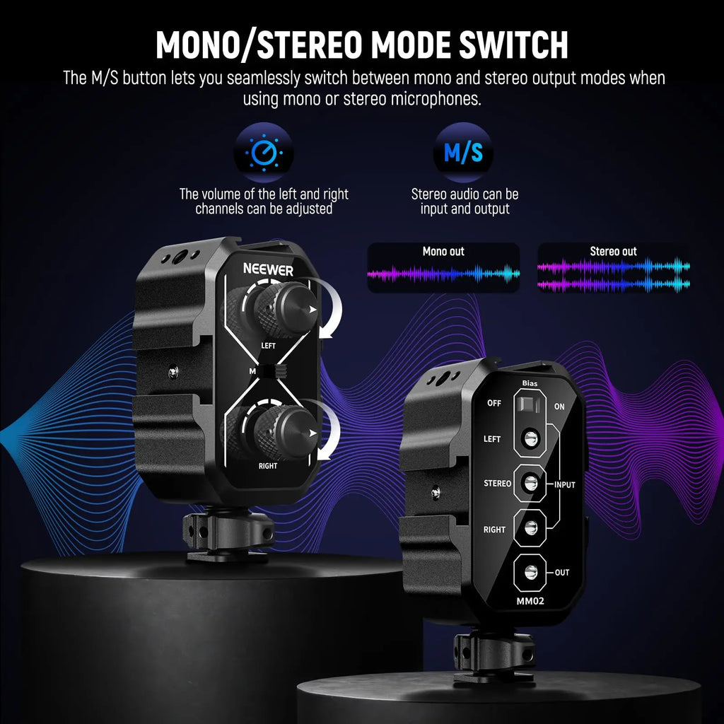 NEEWER MM02 Dual Channel Microphone Audio Mixer Adapter with 3.5mm TRS Cable Stereo/Mono Switch Cold Shoe Mounts for DSLR Phone