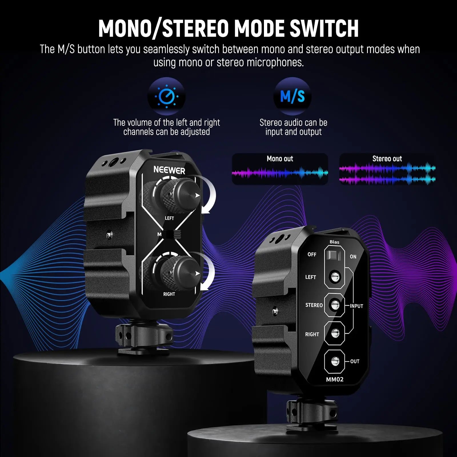 NEEWER MM02 Dual Channel Microphone Audio Mixer Adapter with 3.5mm TRS Cable Stereo/Mono Switch Cold Shoe Mounts for DSLR Phone
