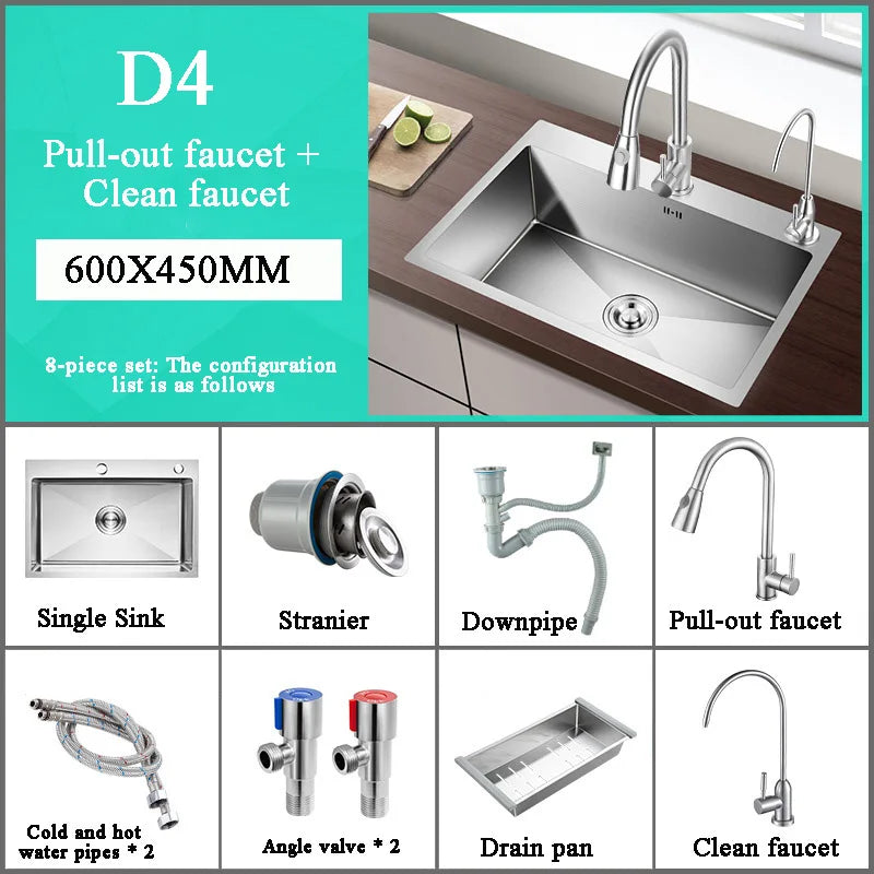Stainless Steel Kitchen Sink Farm House Above Counter Undermounter Single Bowel Wash Basin with Faucet Drain Kitchen Accessories