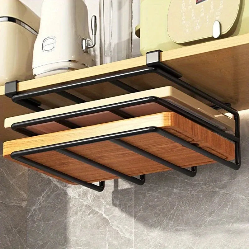Kitchen Hanging Organizer Rack with Hooks Under Cupboard Paper Towel Rags Hanger Cutting Board Pot Cover Holder Storage Shelf