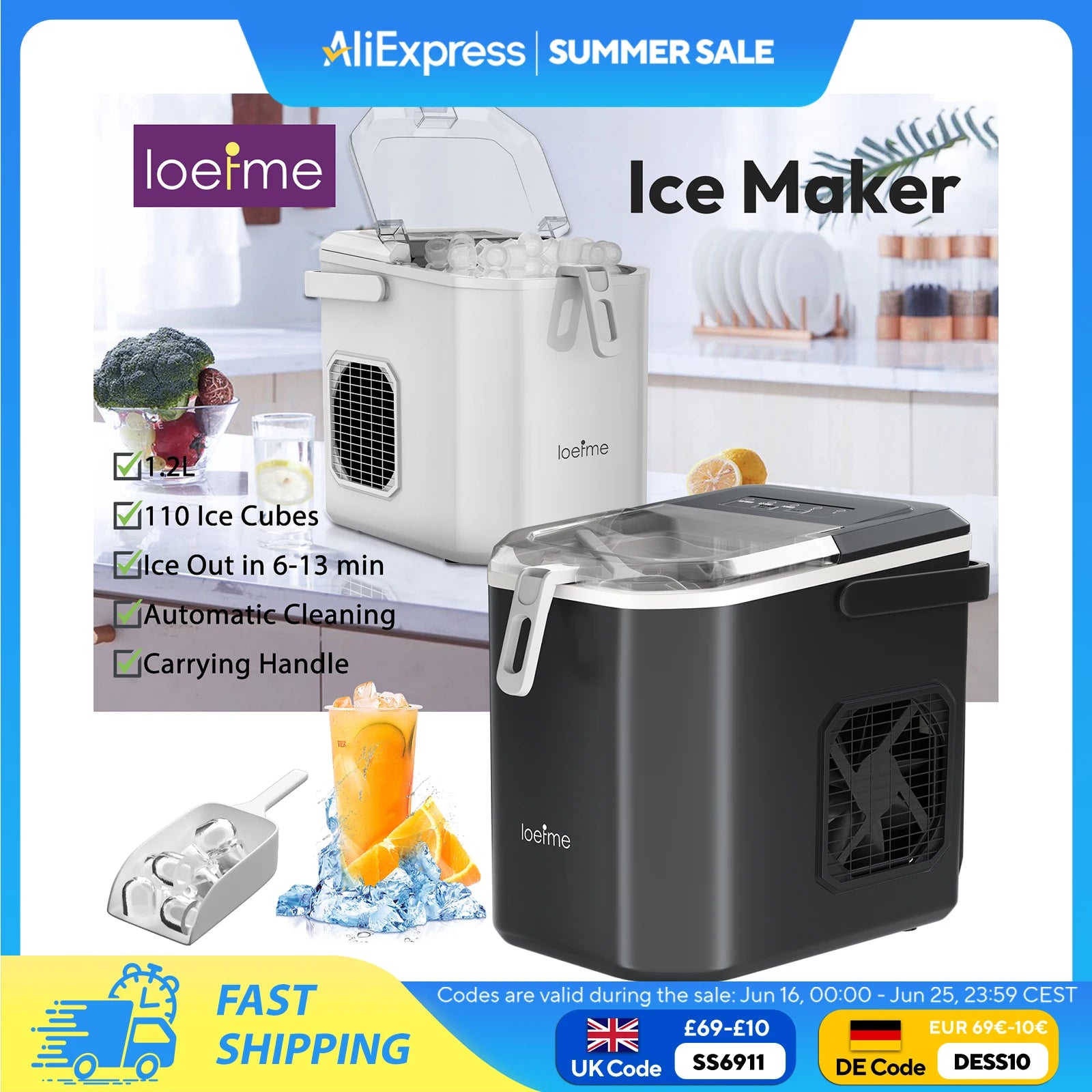 Loefme Desktop Fully Automatic Bullet Shaped Ice Maker 12kg/24h Fast Ice Making Suitable For Home Automatic Cleaning Ice Machine
