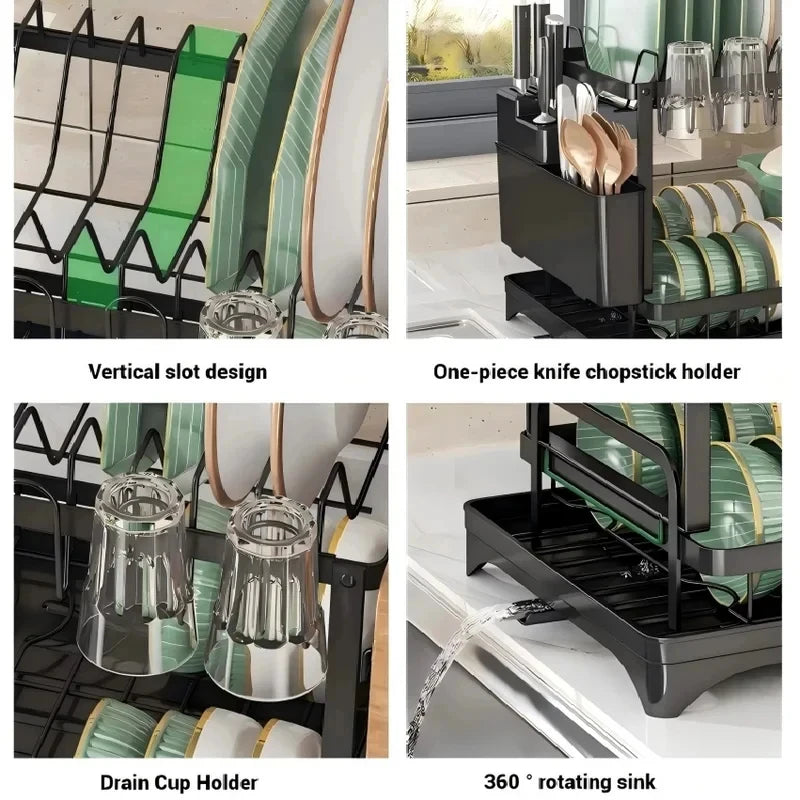 2-Tier Kitchen Dish Drying Rack, Tableware Drain Storage Holder for Bowl, Cup, Chopsticks, Knife and Fork