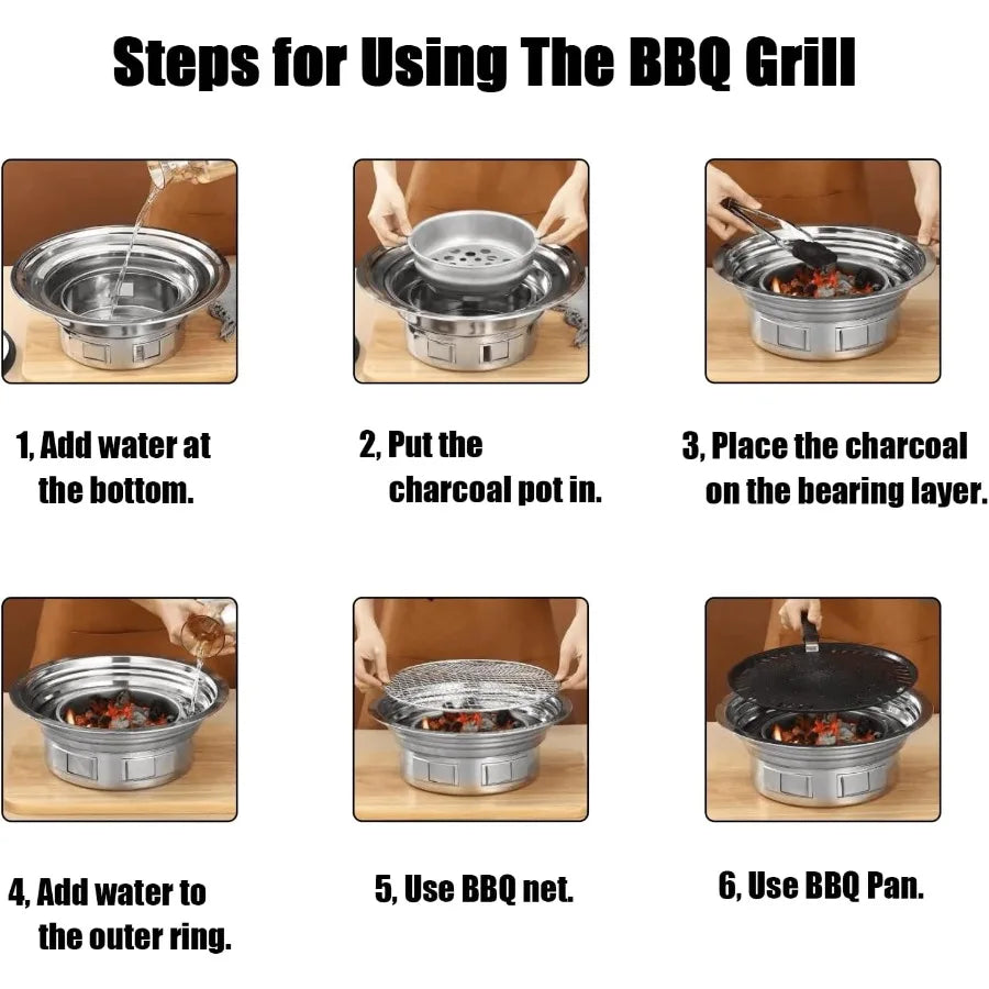 Portable Korean BBQ Grill | Stainless Steel Charcoal Non-Stick Round Stove