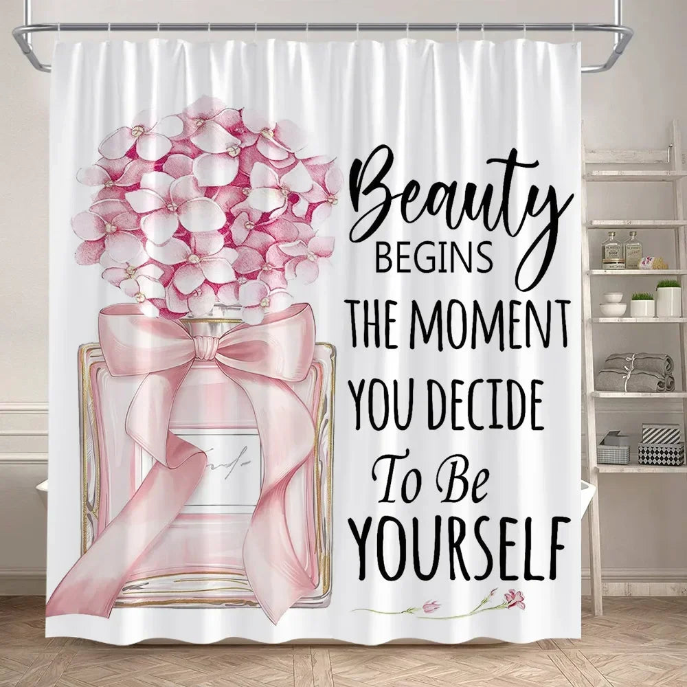 Fashion Perfume Shower Curtain Set Pink Rose Flower Modern Woman Girl Home Bathroom Decor Non Slip Rug Bath Mat Toilet Lid Cover