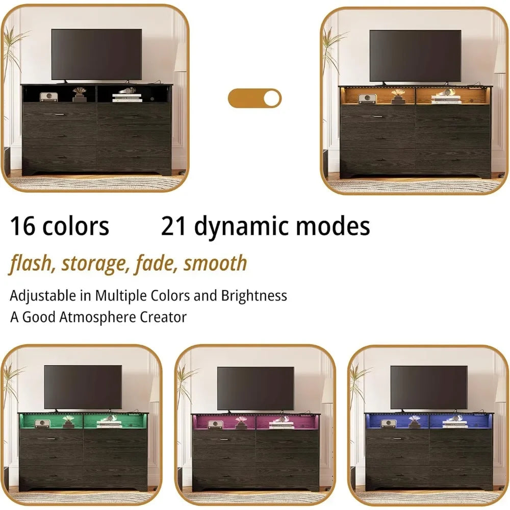 6 Drawer 59"  Dresser with LED and Power Strip, Dressers & Chests of Drawers with Storage Cabinet for Bedroom