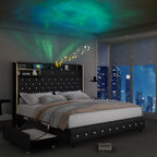 LED Bed Frame with Galaxy Star Projector, 2 Drawers, 52" PU Headboard with Charging Station, Noise Free, No Box Spring