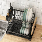 2 Tier Countertop Dish Drying Rack, Kitchen Bowl Drainer with Utensil Holder for Chopsticks Knives Forks Cups Tableware Storage