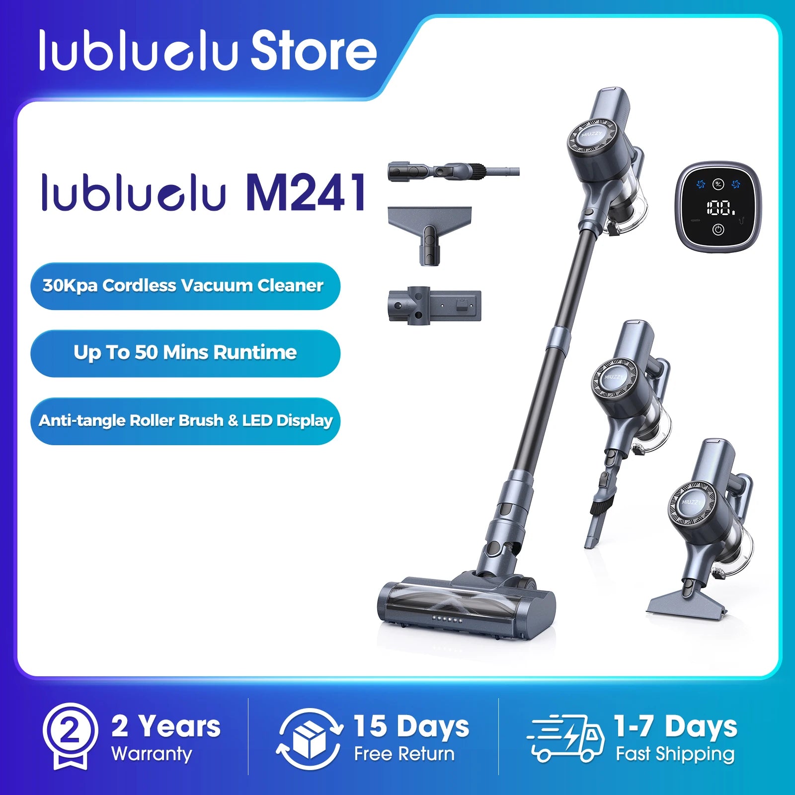 M241 30000Pa Battery Vacuum Cleaner, Wireless Vacuum Cleaner with up to 50 Minutes Running Time  for Hard Floors Lubluelu-MIUZZY