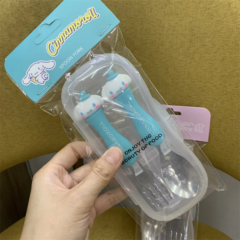 Cartoon Hello Kitty Children's Portable Tableware Anime Cinnamoroll My Melody Kuromi 304 Stainless Steel Fork and Spoon Set