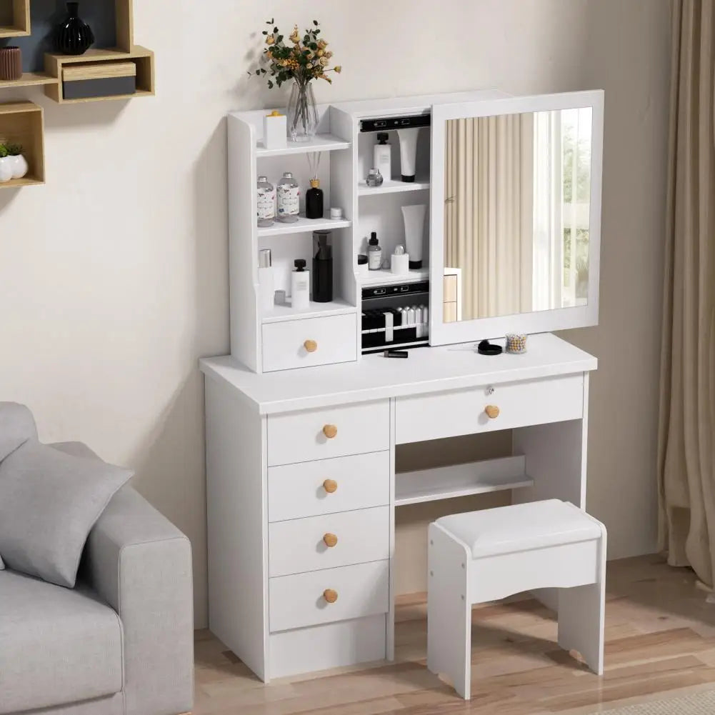 Vanity Desk with Sliding Mirror, Bedroom Dressing Table, Makeup Desk with 6 Drawers, Open Shelves, Hidden Storage Space