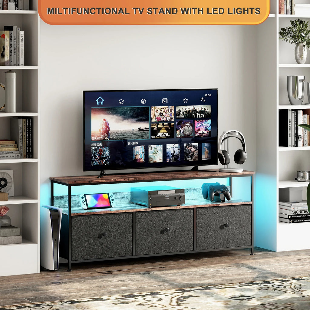 Anajqaqia TV Cabinet, LED Colour Changing TV Cabinet with 3 Drawers, TV Table, with Open Storage Space for Living Room, Bedroom