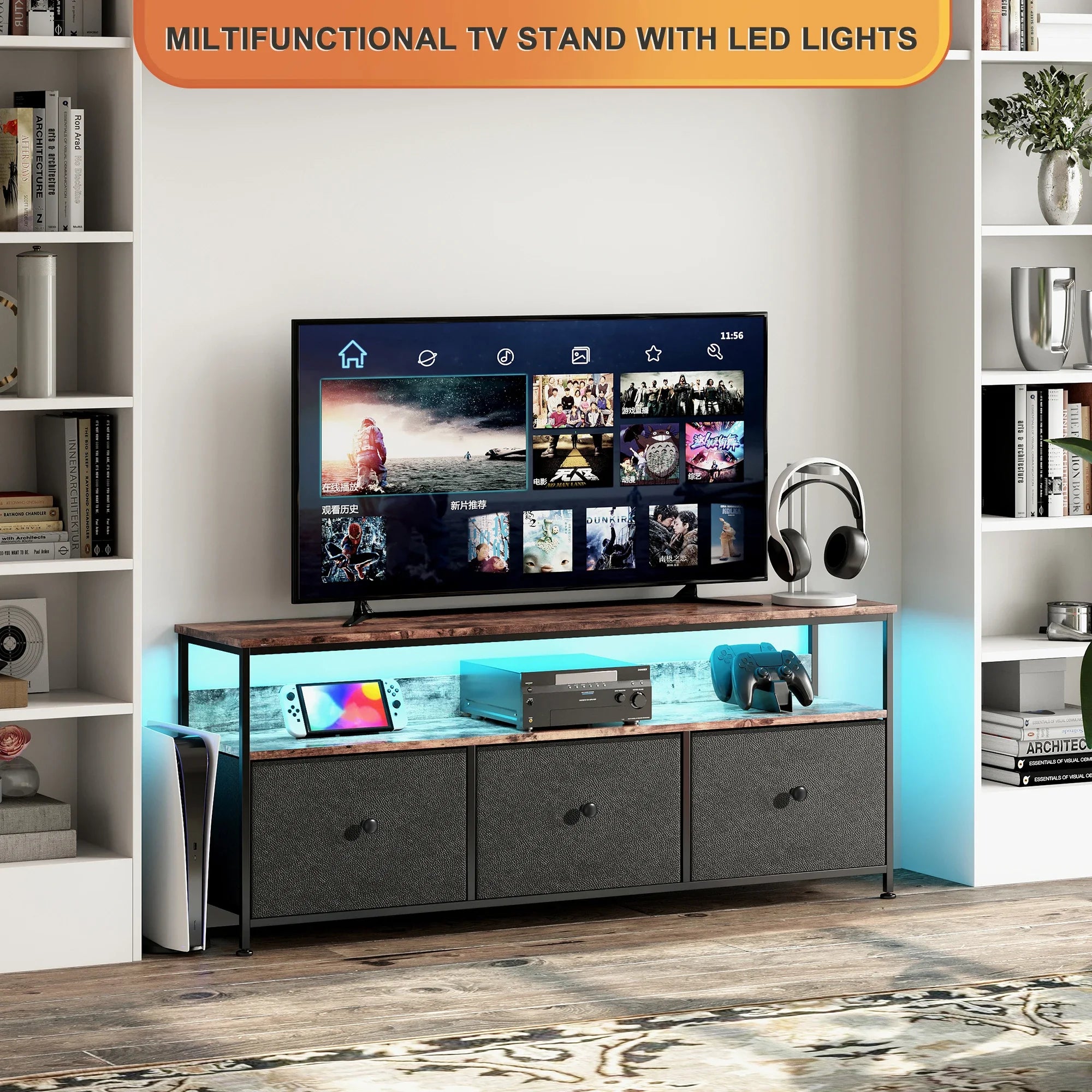 Anajqaqia TV Cabinet, LED Colour Changing TV Cabinet with 3 Drawers, TV Table, with Open Storage Space for Living Room, Bedroom