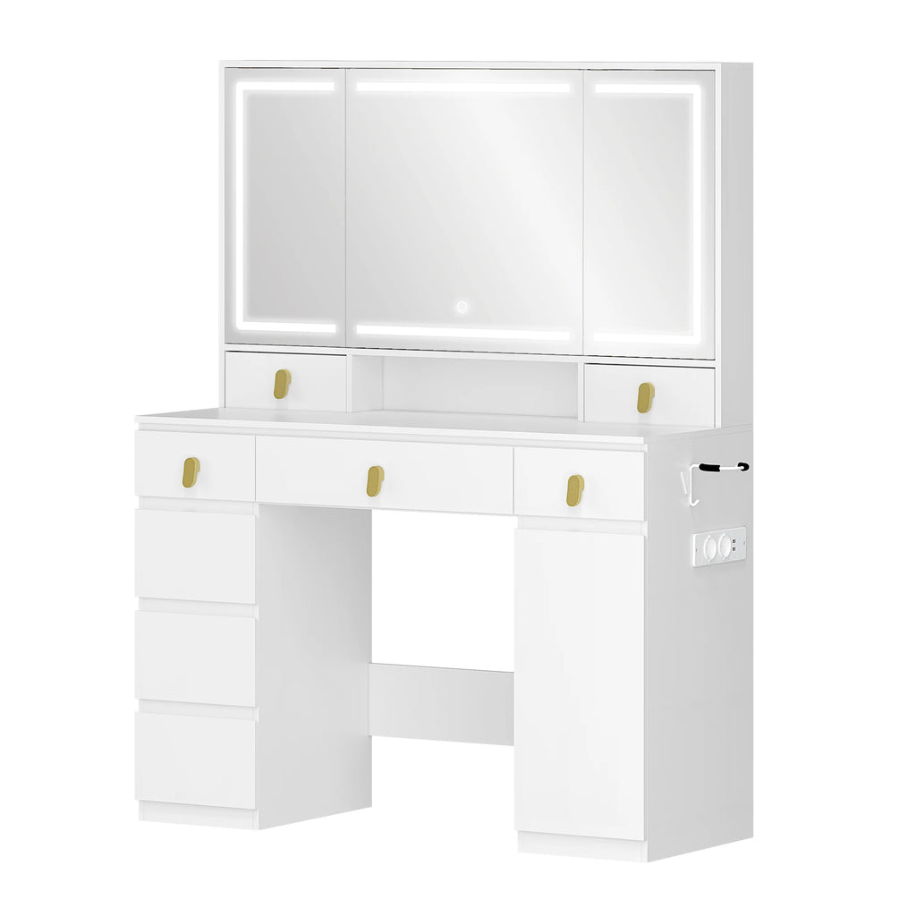 Hzuaneri Dressing Table with Mirror, LED Lighting, Power Strip and Hair Dryer Holder, 3 Colours, Brightness Control, 8 Drawers