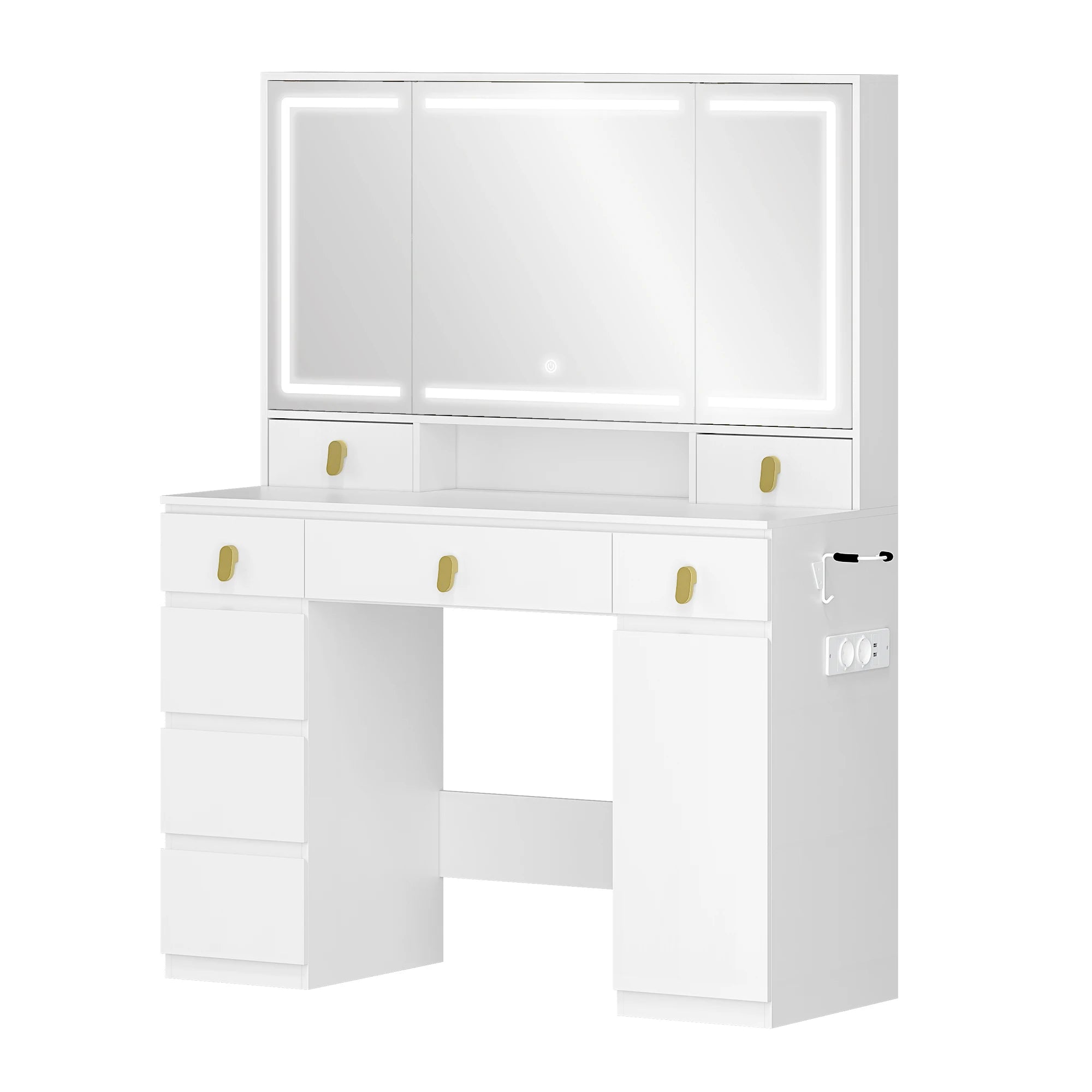 Hzuaneri Dressing Table with Mirror, LED Lighting, Power Strip and Hair Dryer Holder, 3 Colours, Brightness Control, 8 Drawers