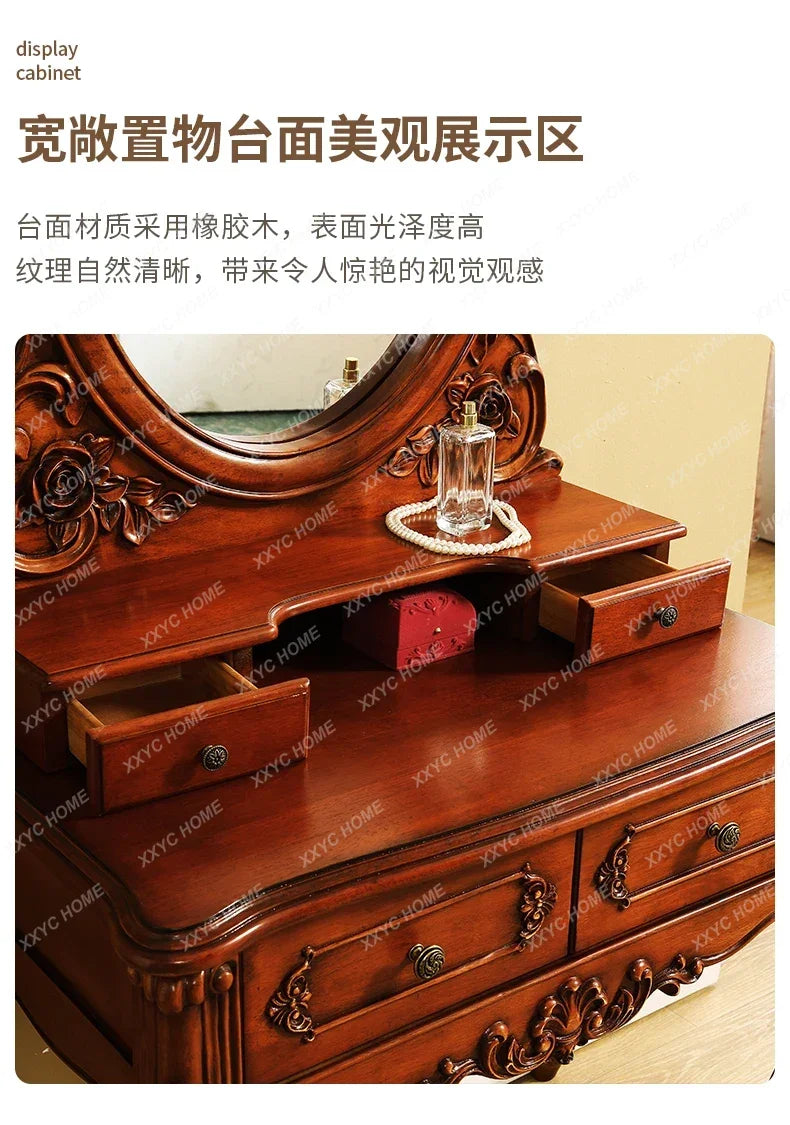 American all-solid wood dresser European retro carved dresser with mirror