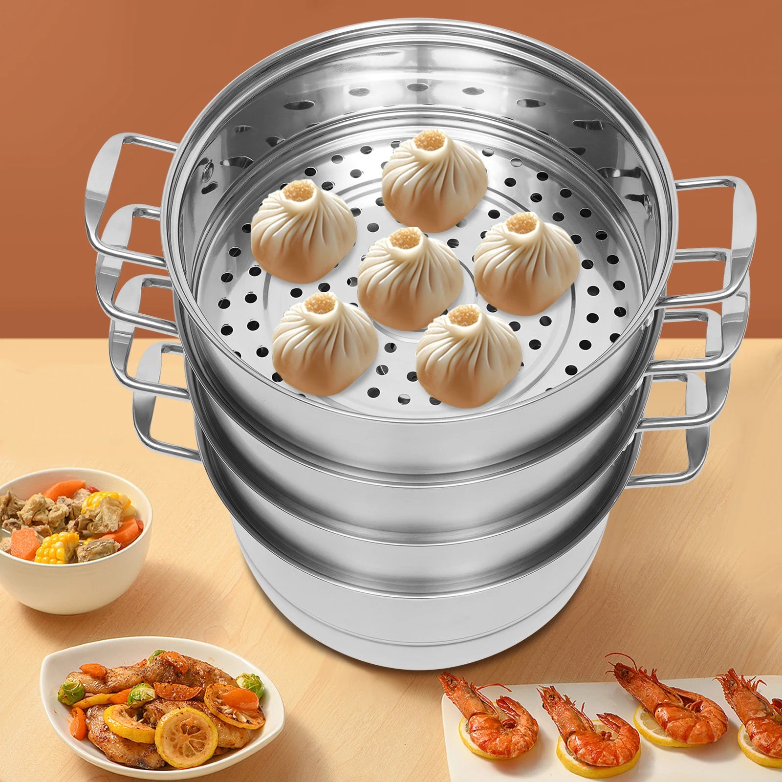 5 Tier Stainless Steel Steamer Cookware Steam Pot Food Cooker Pot +Lid  for Induction and Gas Cooker Kitcken