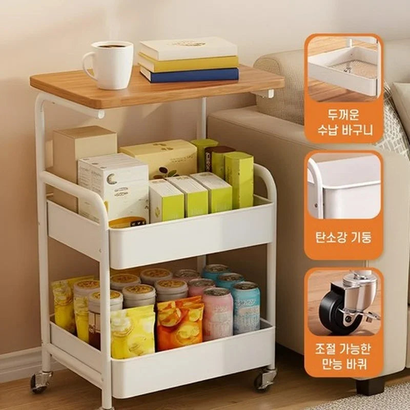 Home 3-Tier Kitchen Organizer Shelf with Wooden Top and Wheels Rolling Storage Cart  for Bathroom Living Room