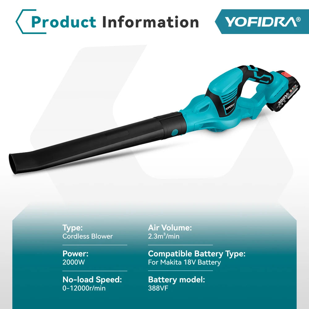 Yofidra Cordless Electric Blower with 1/2 Battery Leaf Blower Snow Dust Blower Garden Power Tool For Makita 18V Battery Pin