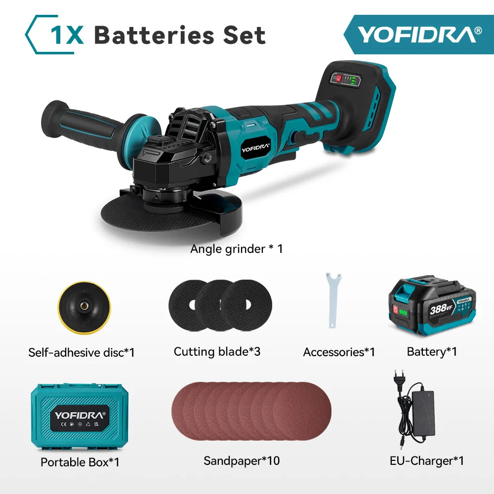 YOFIDRA 125mm Brushless Angle Grinder 3 Gears M14 Cordless Electric Impact Grinding Power Tool For Makita 18V Battery Pin