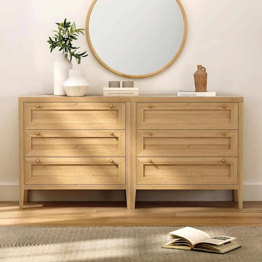 3 Drawer Dresser Set of 2 for Bedroom, Modern Chest of Drawers with Golden Handles, Wood Tall Nightstand,Natural Oak
