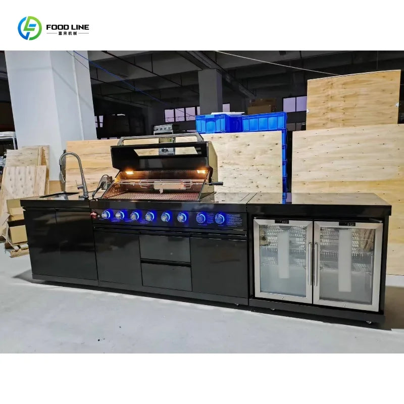 Customized Luxury Outdoor Kitchen Granite Garden Stainless Steel Waterproof Heavy Duty Gas BBQ Full Kitchen Cabinet Frame